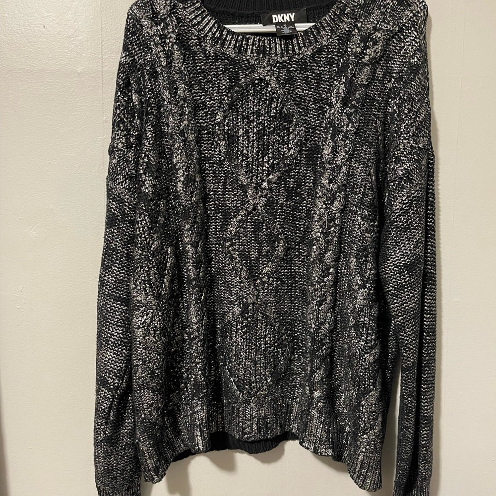 New DKNY Black and Gray Cable Knit Crew Neck Sweater